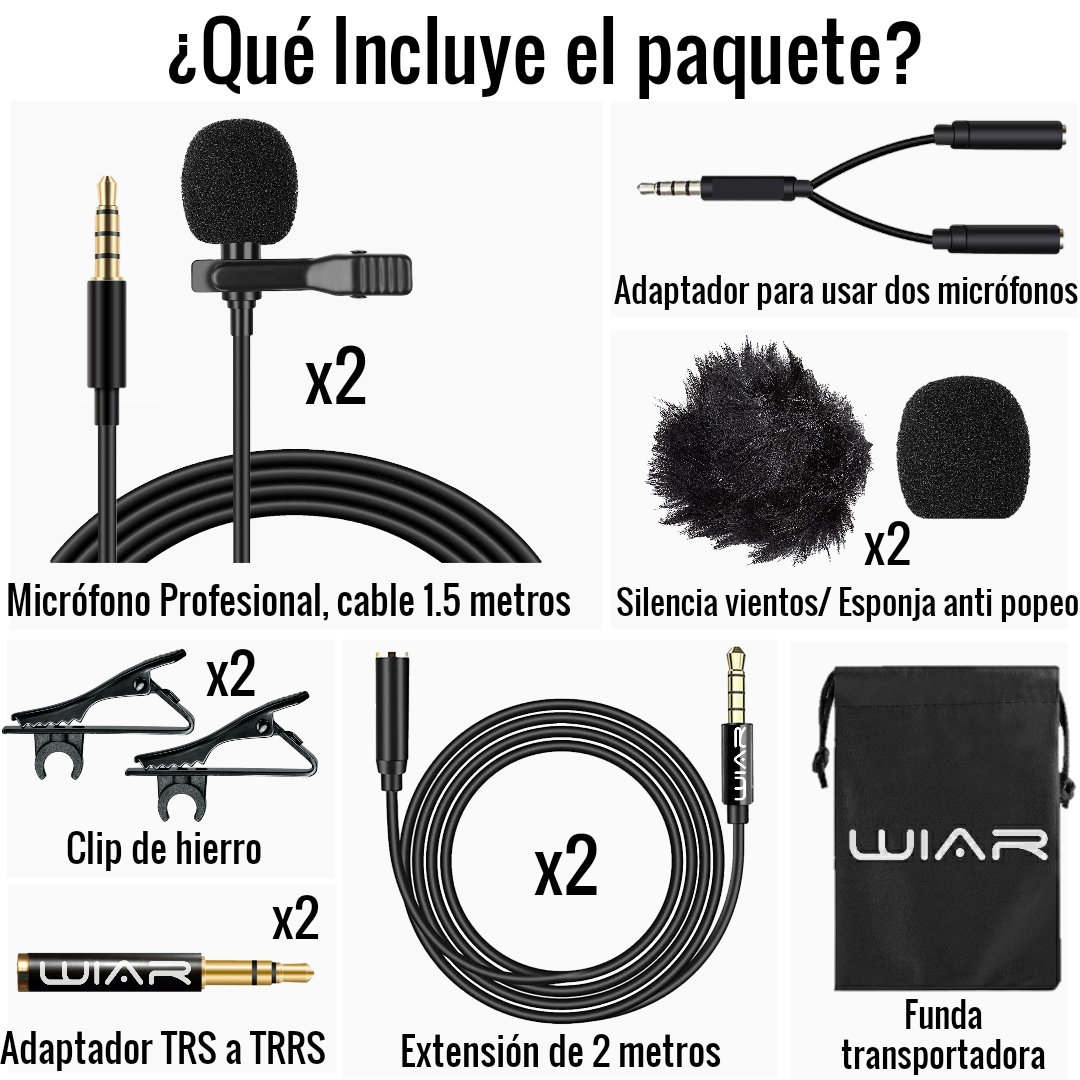 Micrófono para Entrevistas para Celular Solapa Lavalier Paquete de 2 Compatible con Cámaras iPhone Andorid Pc Universal