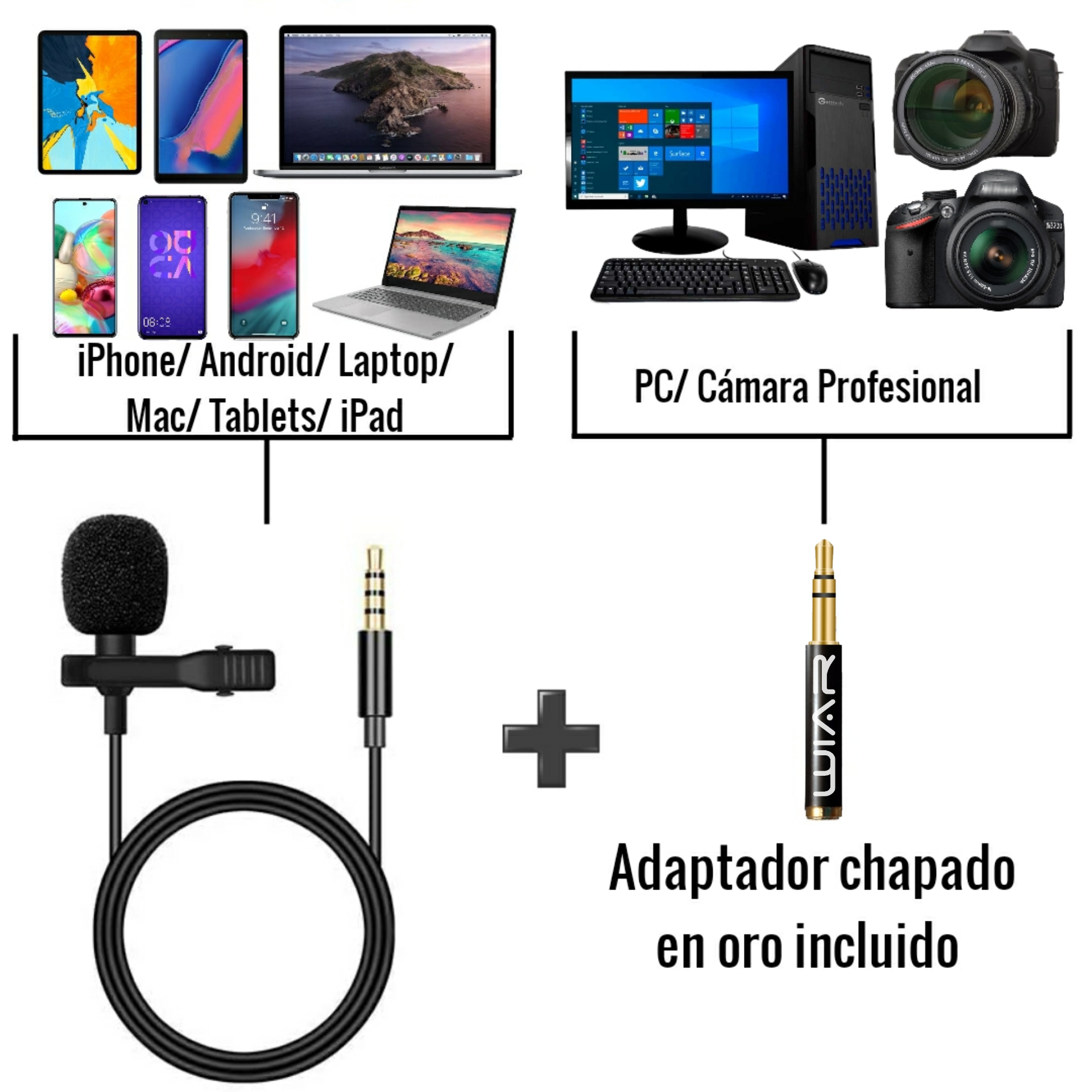 Micrófono para Entrevistas para Celular Solapa Lavalier Paquete de 2 Compatible con Cámaras iPhone Andorid Pc Universal
