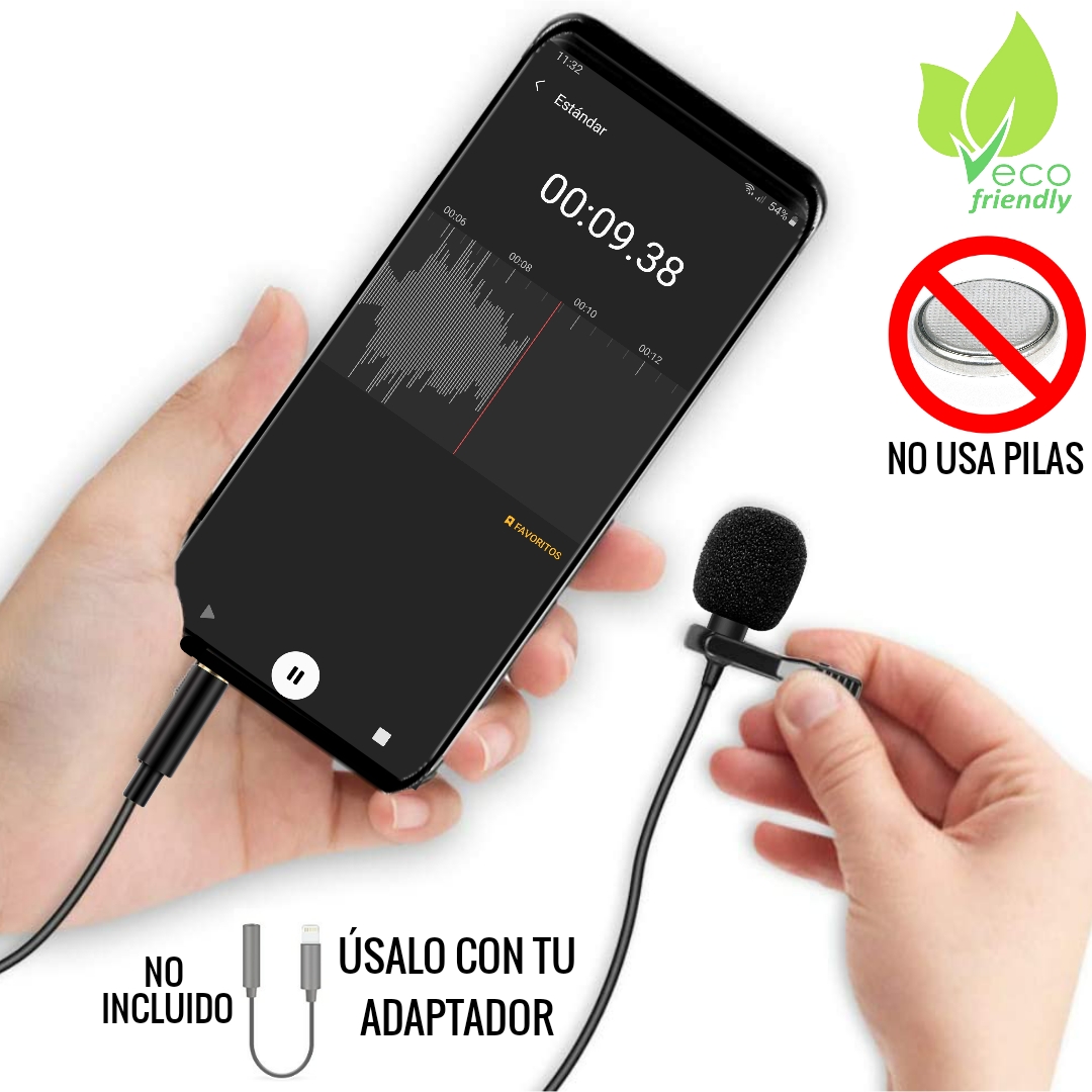 Micrófono para Entrevistas para Celular Solapa Lavalier Paquete de 2 Compatible con Cámaras iPhone Andorid Pc Universal