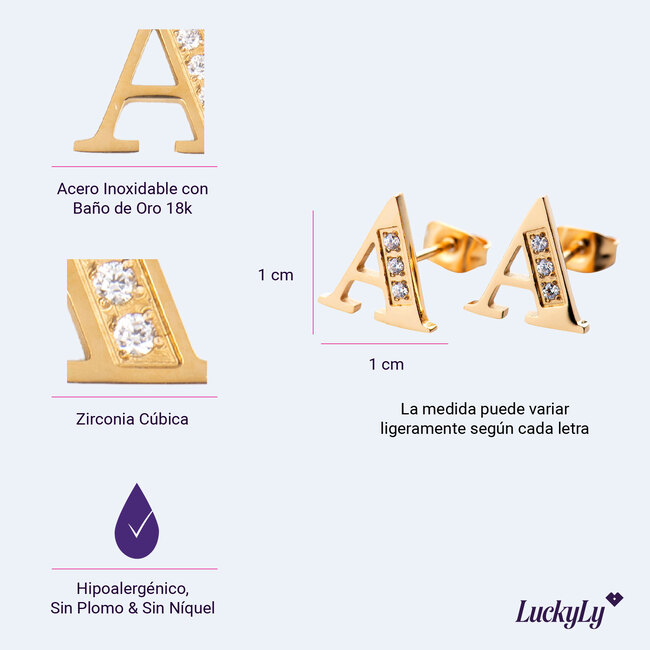 Aretes Mujer Oro 18k de Inicial Letra con Zirconia Cúbica LuckyLy, Modelo Tina