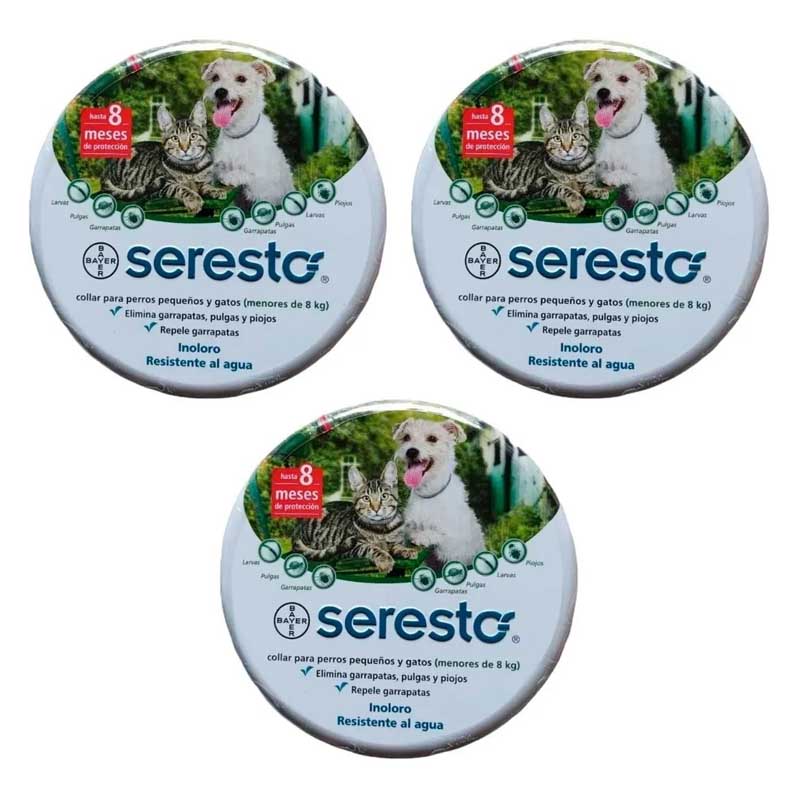Pack 3 Pz Seresto Collar Bayer Antipulgas Perros Gatos Chico