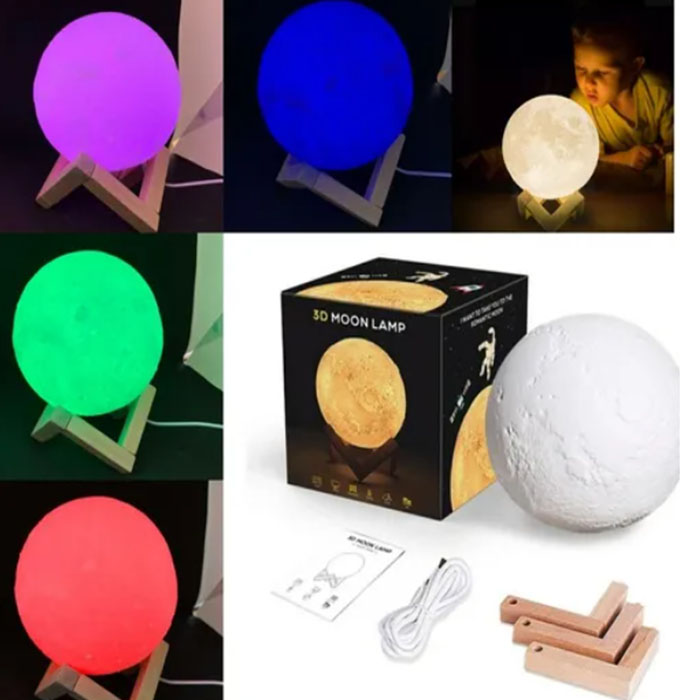 Lampara Luna 3d Táctil Multicolor Rgb 16 Cm Base Madera Usb