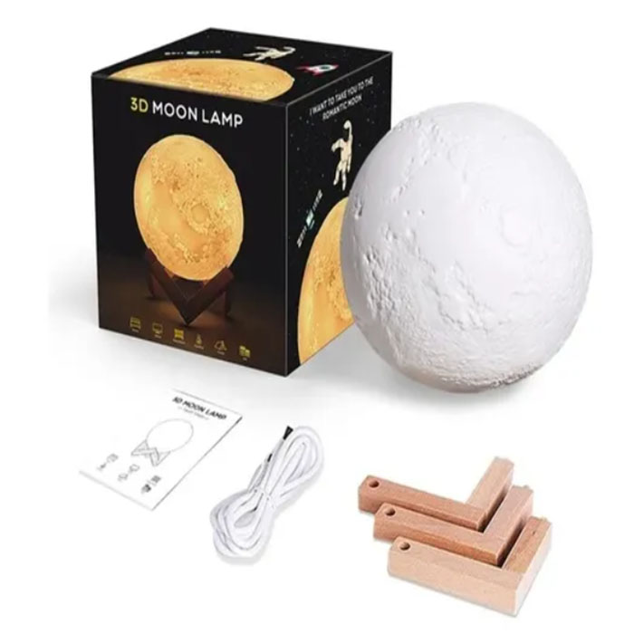 Lampara Luna 3d Táctil Multicolor Rgb 16 Cm Base Madera Usb