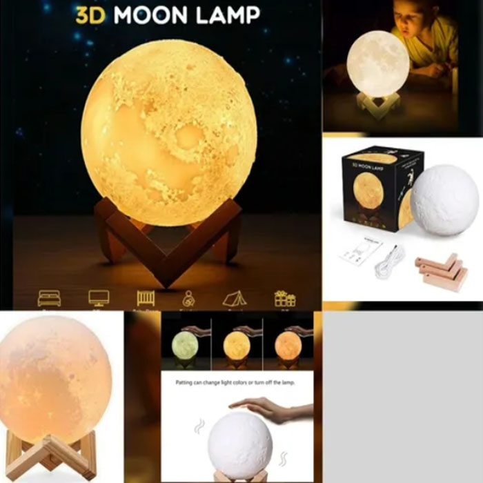 Lampara Luna 3d Táctil Multicolor Rgb 16 Cm Base Madera Usb