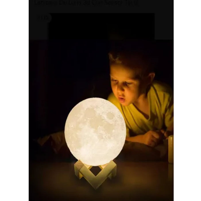 Lampara Luna 3d Táctil Multicolor Rgb 16 Cm Base Madera Usb