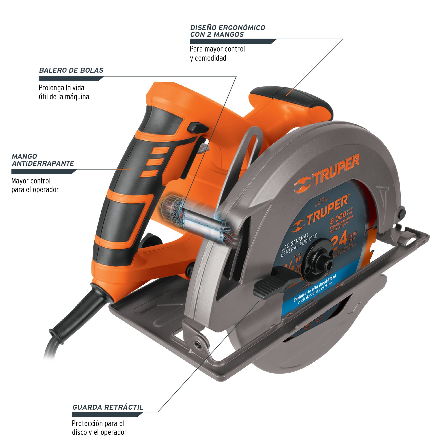 Sierra circular eléctrica 7-1/4" profesional Truper 11004, 1500 W, 60Hz a 127V, Color naranja