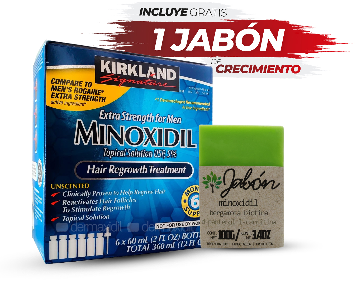 Minoxidil Kirkland 5% Barba Cabello Bigote 6 frascos