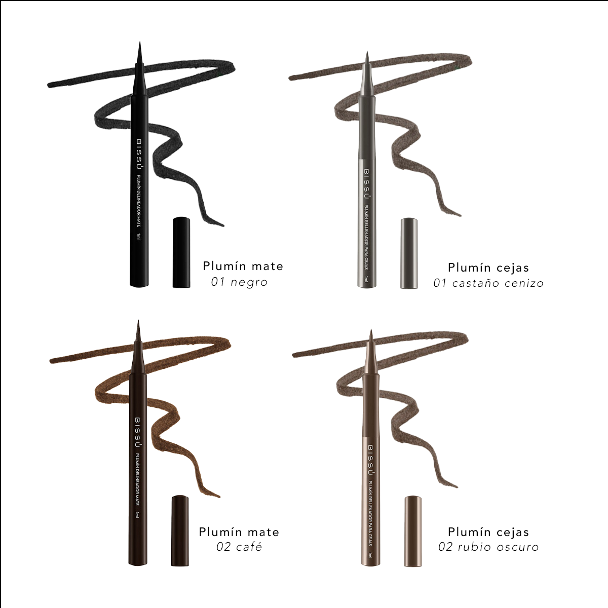 Kit Delineadores Plumin de Ojos y Cejas BISSU (Set Mayoreo 18 piezas)