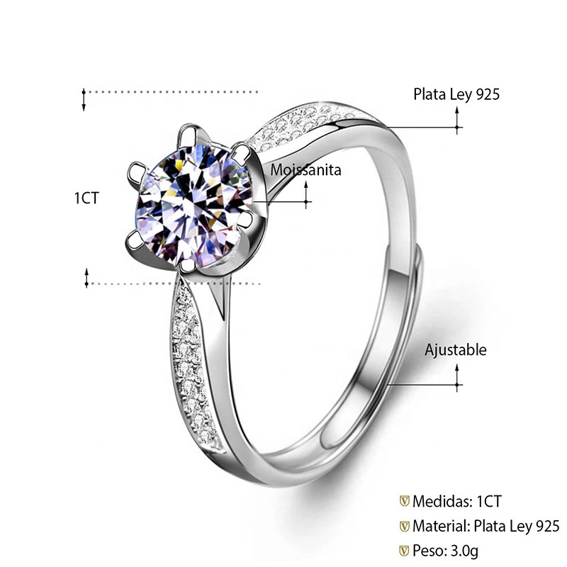 Anillo De Compromiso VAROURO  Plata 925 Moissanita 1.0ct | Ajustable