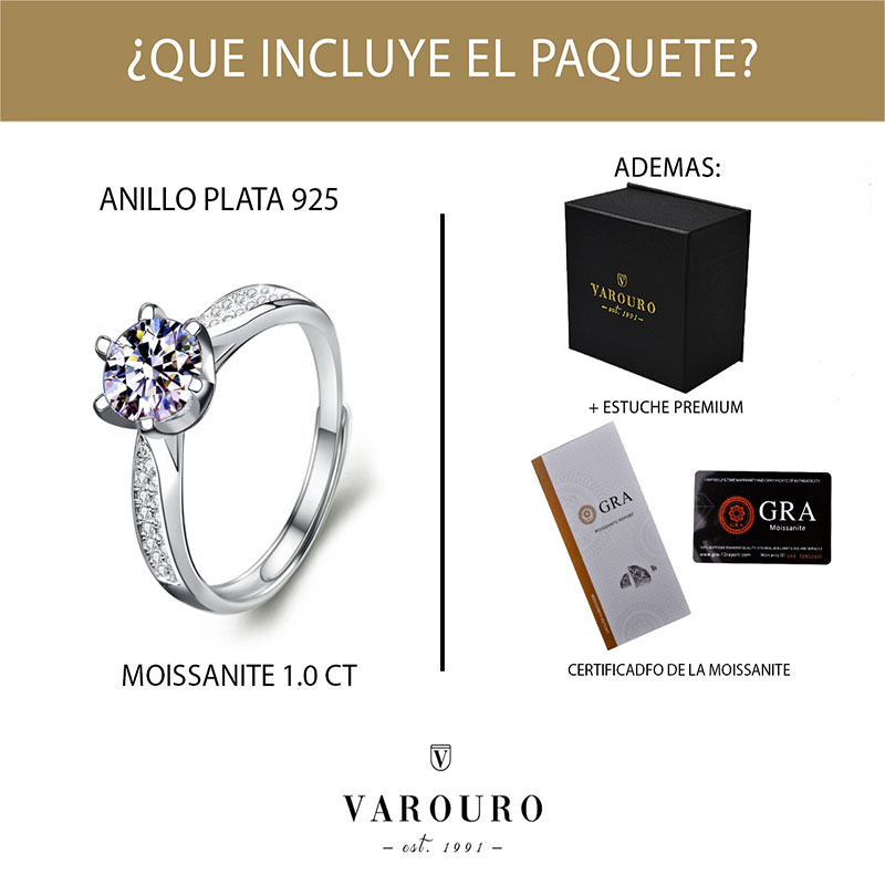 Anillo De Compromiso VAROURO  Plata 925 Moissanita 1.0ct | Ajustable