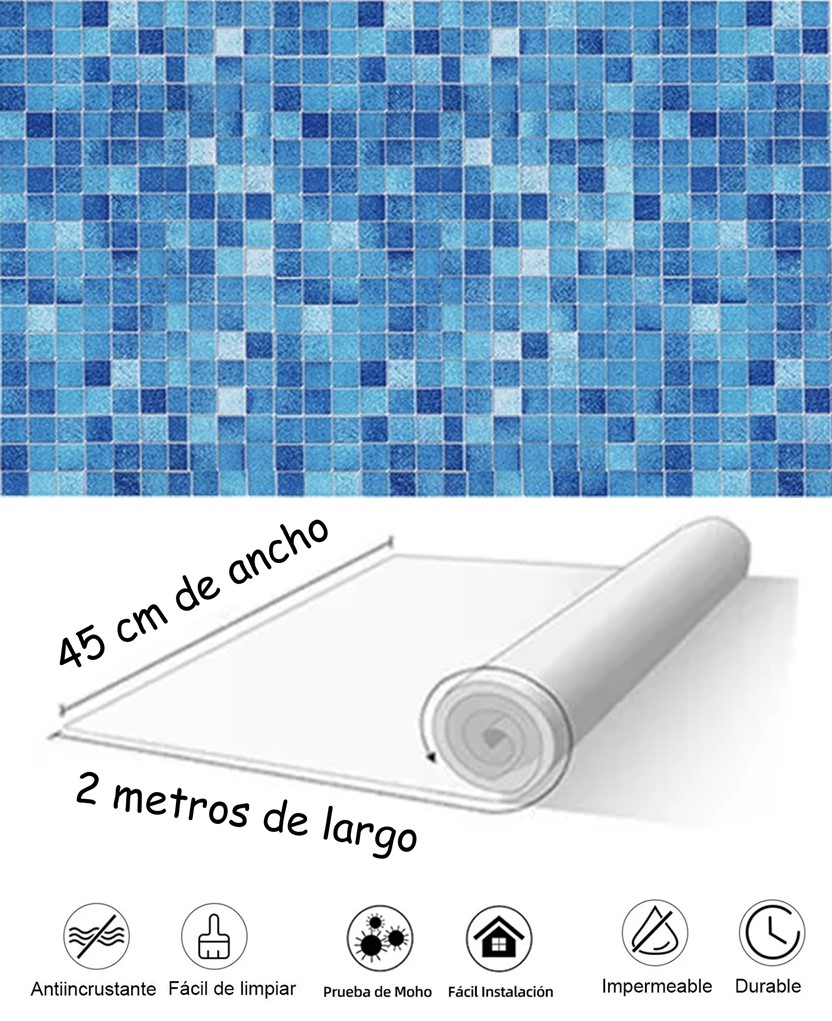 PAPEL TAPIZ ADHERIBLE COSINA AZULEJOS AZUL 2m X 45cm TP55