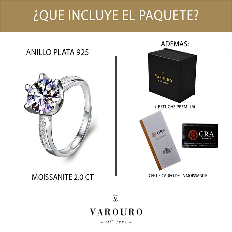 Anillo De Compromiso VAROURO  Plata 925 Moissanita 2.0ct | Ajustable