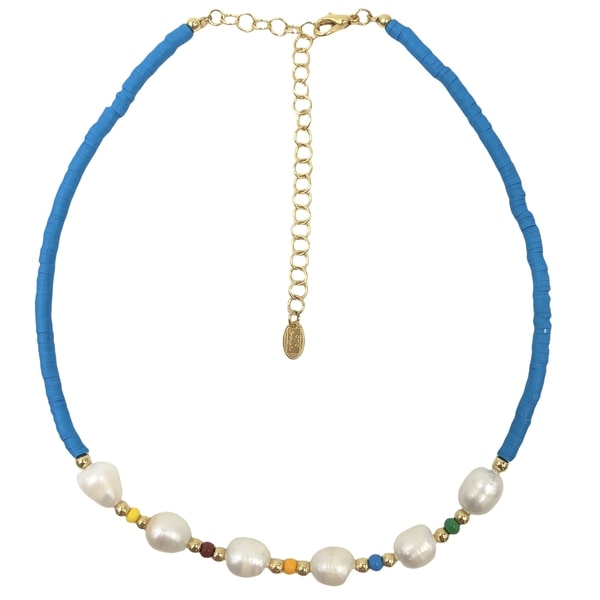 Collar en Perla Natural con Pukas Azules y Chapa de Oro de 14k - Mancini Joyas