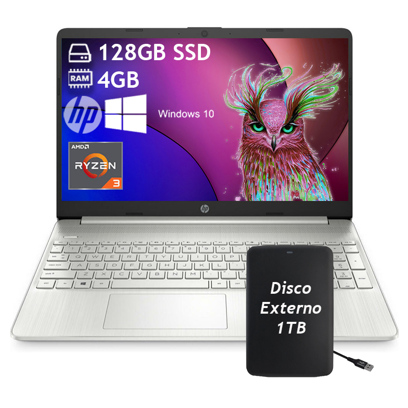 Laptop Hp 15.6 Fhd, Ryzen 3, 4gb Ram, 128gb Ssd, Silver + Disco externo 1TB