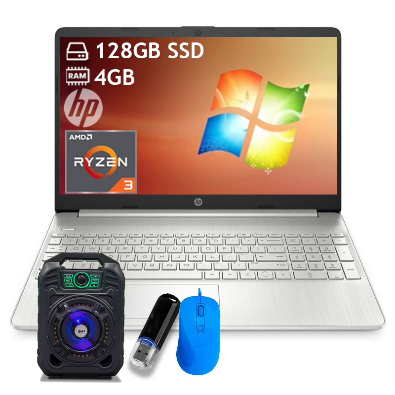 Laptop Hp 15.6 Fhd, Ryzen 3, 4gb Ram, 128gb Ssd, Silver + Bocina + Mouse + Memoria