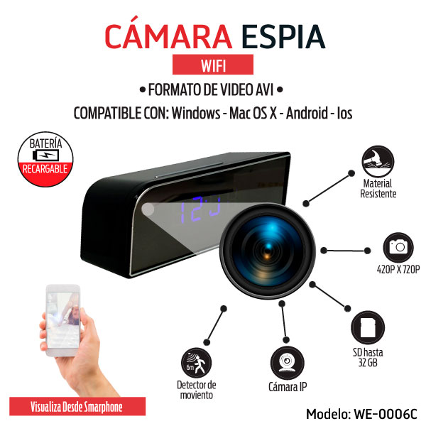 Reloj Despertador Vigilante  WI-FI con Cámara Espía Oculta, Captura Imágenes, Audio y Video / Master / WE-0006C