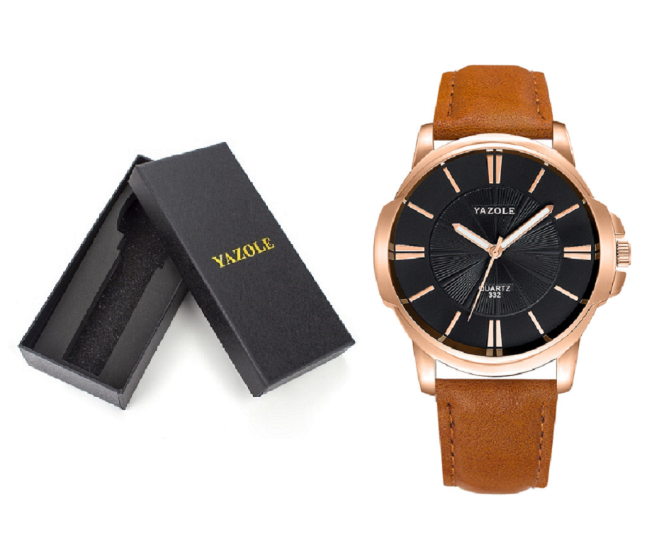Reloj para Hombre con Caja correa Café bisel dorado Elegante casual yazole 332
