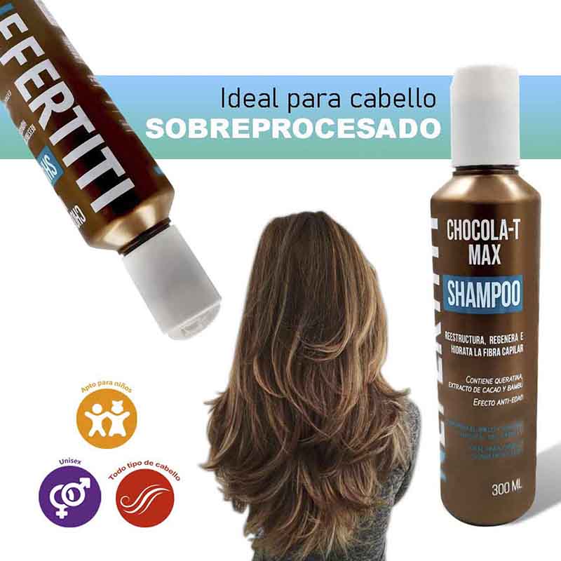 Shampoo Chocolat Max Nefertiti con Keratina, Regenera e Hidrata el Cabello 300ml.
