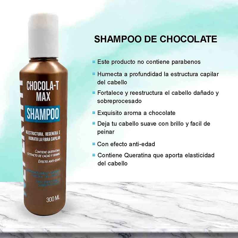 Shampoo Chocolat Max Nefertiti con Keratina, Regenera e Hidrata el Cabello 300ml.