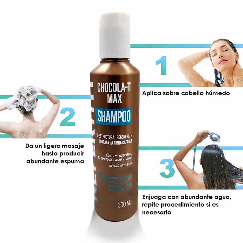 Shampoo Chocolat Max Nefertiti con Keratina, Regenera e Hidrata el Cabello 300ml.