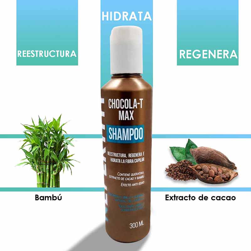 Shampoo Chocolat Max Nefertiti con Keratina, Regenera e Hidrata el Cabello 300ml.