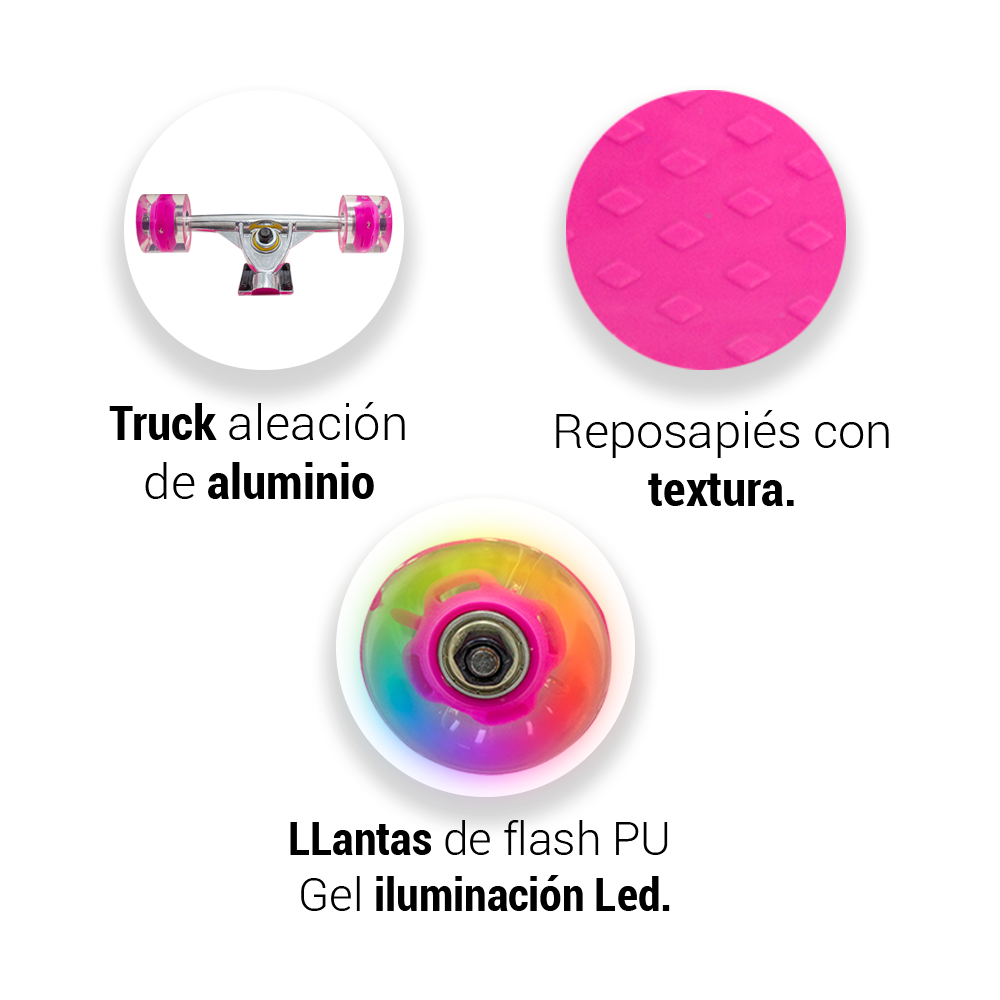 Patineta Skate Waveboard Rosa Poliuretano Alta Resistencia Llanta Gel Flash Led.