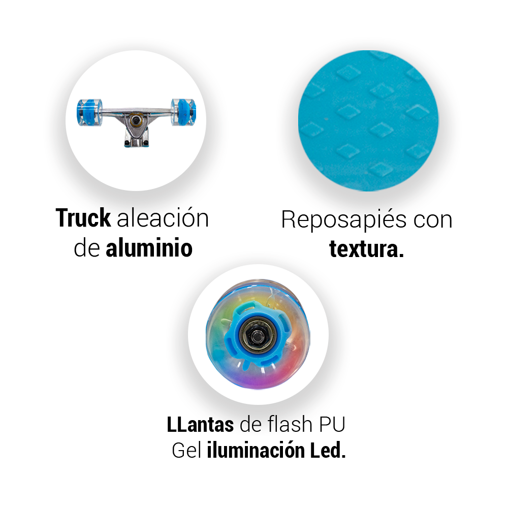 Patineta Skate Waveboard Azul Poliuretano Alta Resistencia Llanta Gel Flash Led.