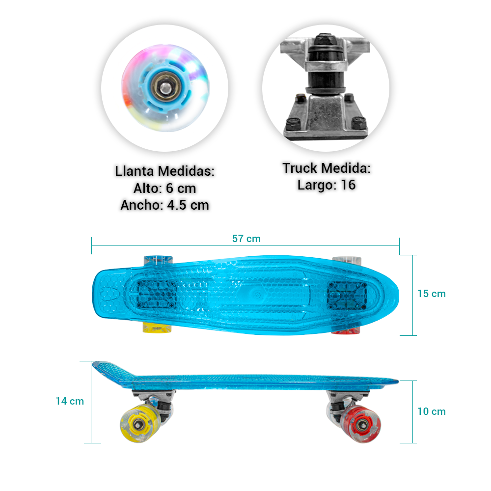 Patineta Skate Cruiser Mini Azul Transparente Llanta Gel Flash Luz Led
