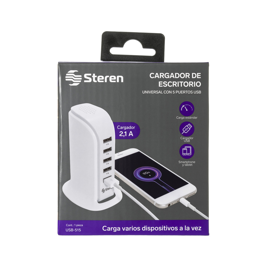Cargador Carga Rápida con 5 Puertos Steren USB-515