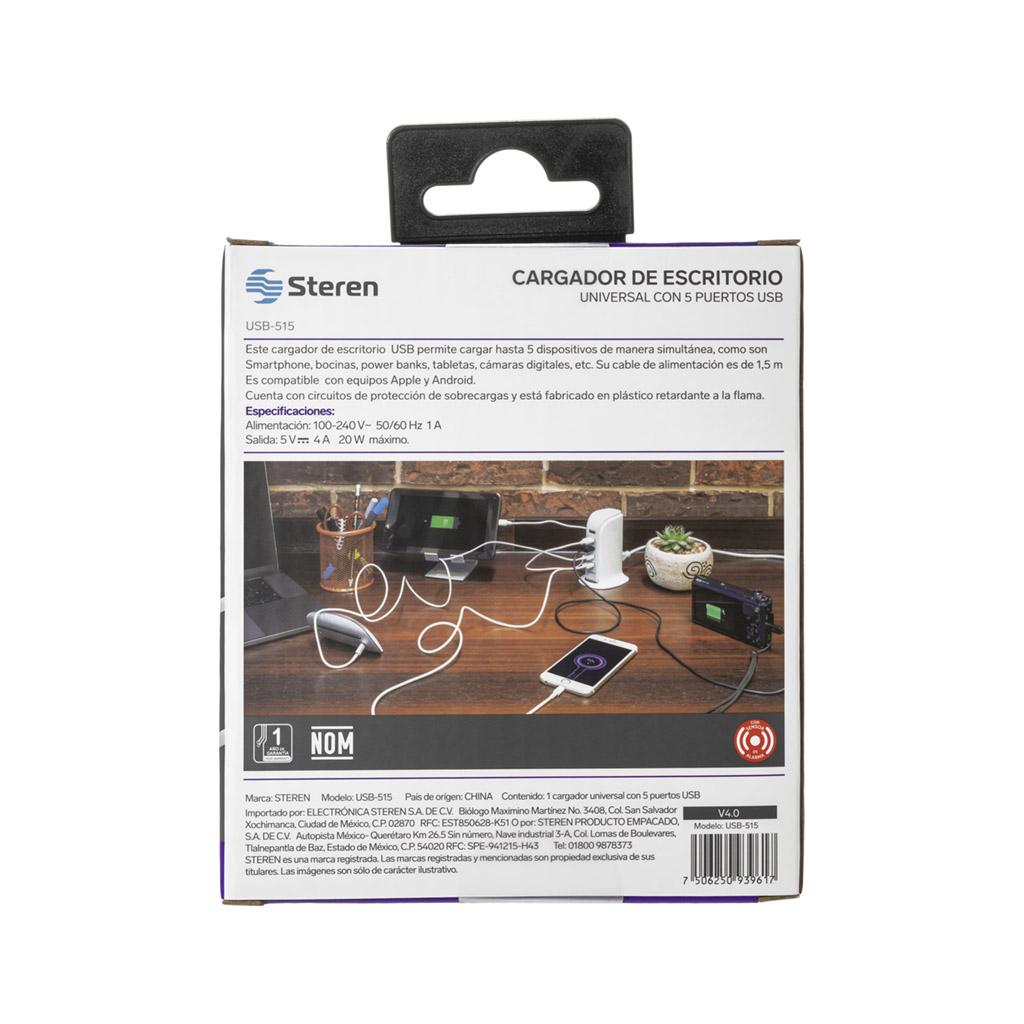 Cargador Carga Rápida con 5 Puertos Steren USB-515