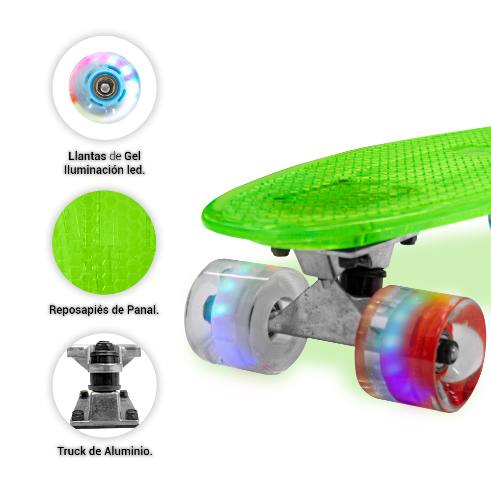 Patineta Skate Cruiser Mini Verde Transparente Llanta Gel Flash Luz Led