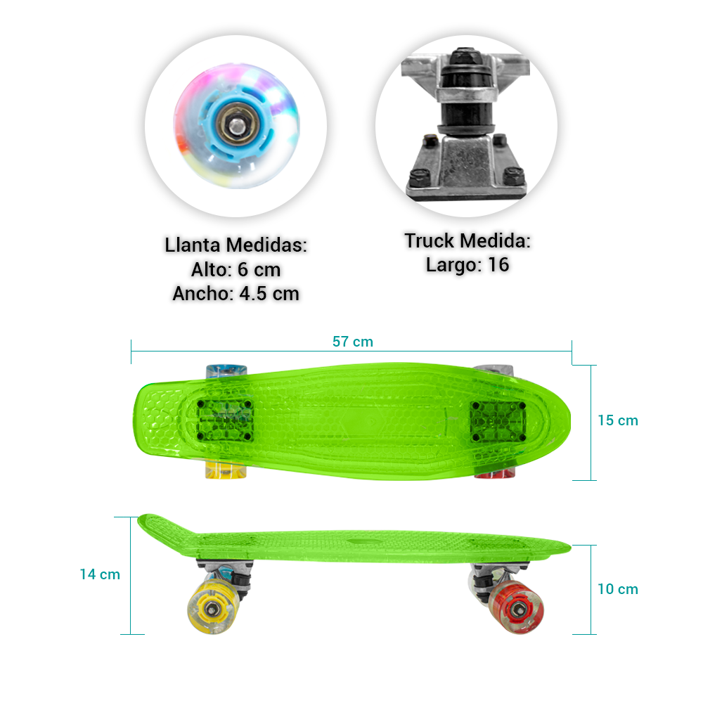 Patineta Skate Cruiser Mini Verde Transparente Llanta Gel Flash Luz Led