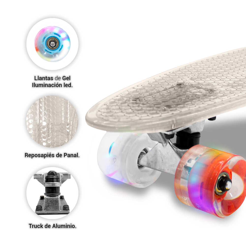 Patineta Skate Cruiser Mini Transparente Llanta Gel Flash Luz Led
