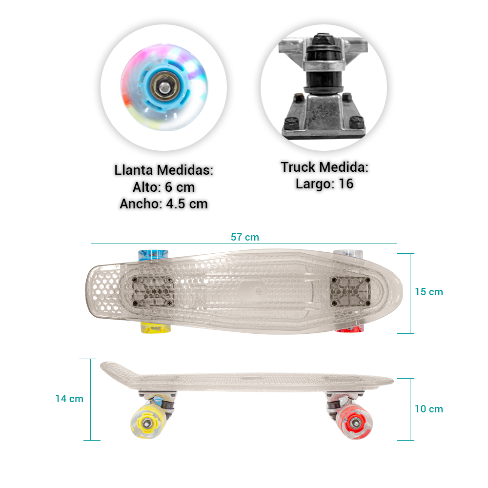 Patineta Skate Cruiser Mini Transparente Llanta Gel Flash Luz Led