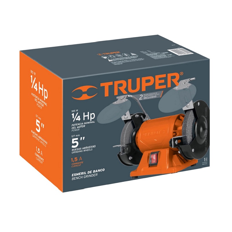 Esmeril de Banco Truper de 1/4 Hp 185W EBA-5 para afilar Pulir Limpiar Rebajar 2 ruedas Abrasivas motor con Bobinas de Cobre