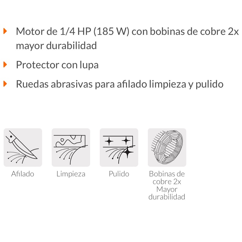 Esmeril de Banco Truper de 1/4 Hp 185W EBA-5 para afilar Pulir Limpiar Rebajar 2 ruedas Abrasivas motor con Bobinas de Cobre