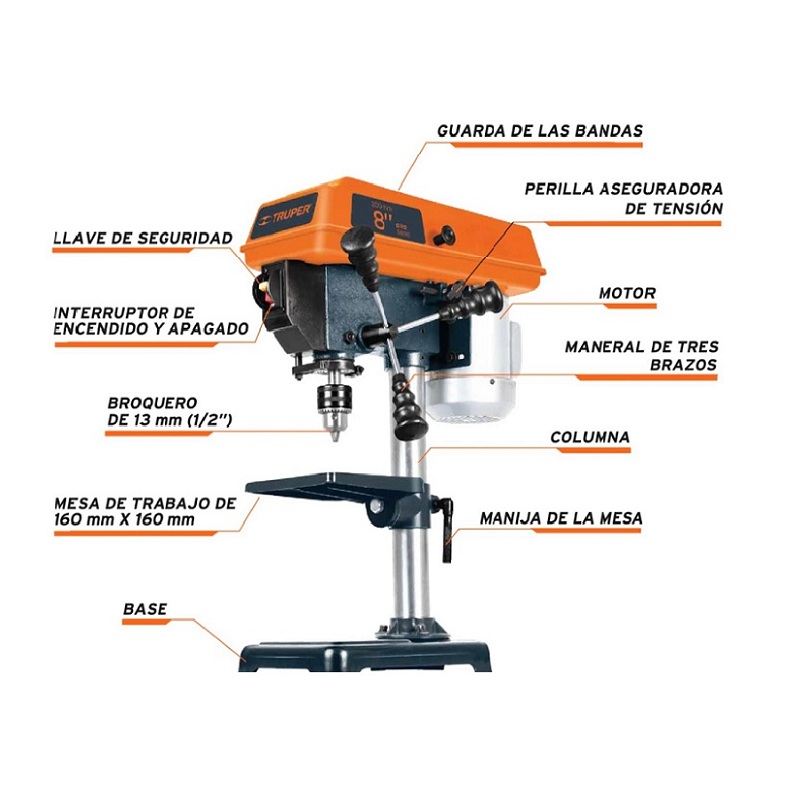 Taladro de Banco de 1/2 x 8" Truper TAPI-8 de 1/3 HP de 250W Uso en Talleres Perfora Metales Acero Madera Plásticos
