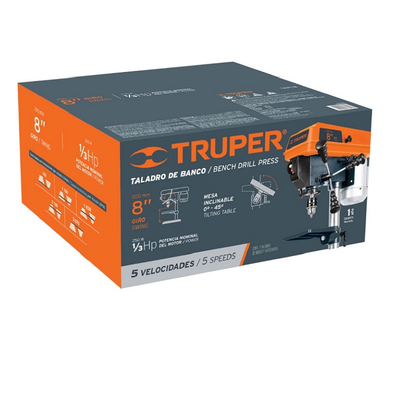 Taladro de Banco de 1/2 x 8" Truper TAPI-8 de 1/3 HP de 250W Uso en Talleres Perfora Metales Acero Madera Plásticos
