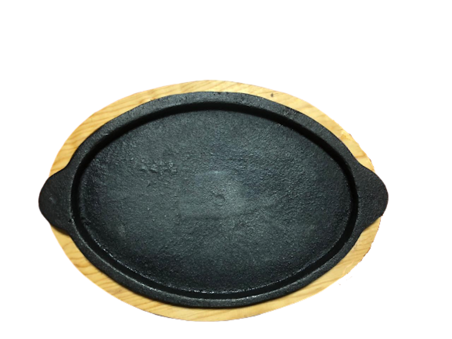 PLANCHA DE HIERRO FUNDIDO OVAL CON BASE DE MADERA