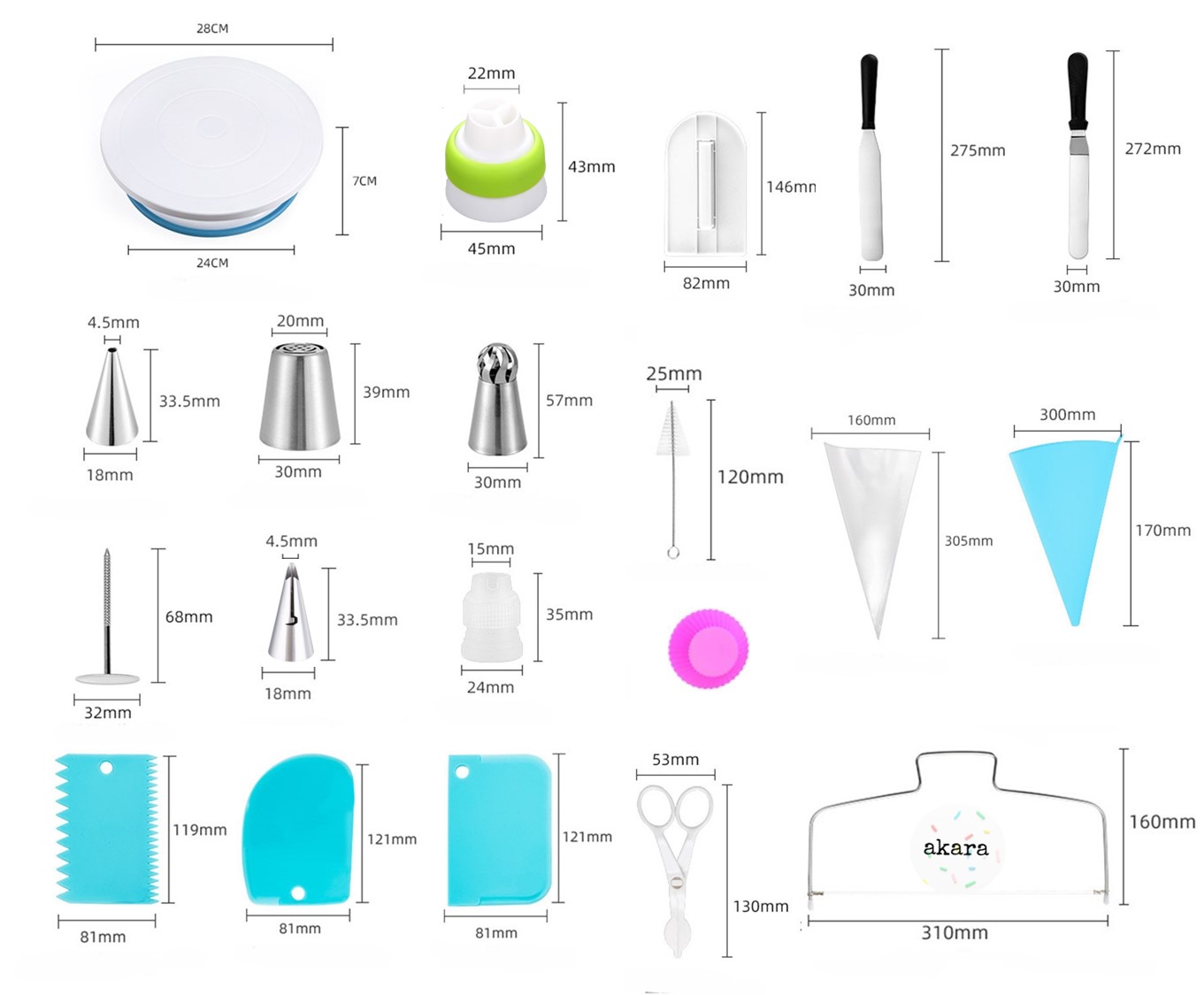 Kit 107 piezas para Decoración de Pasteles con Base Giratoria y Duyas Rusas