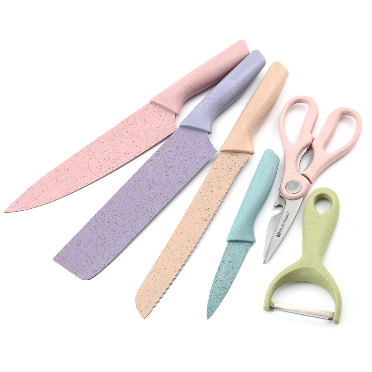 Juego de 6 Cuchillos de Cocina de acero inoxidable y cerámica, con pelador y tijeras colores