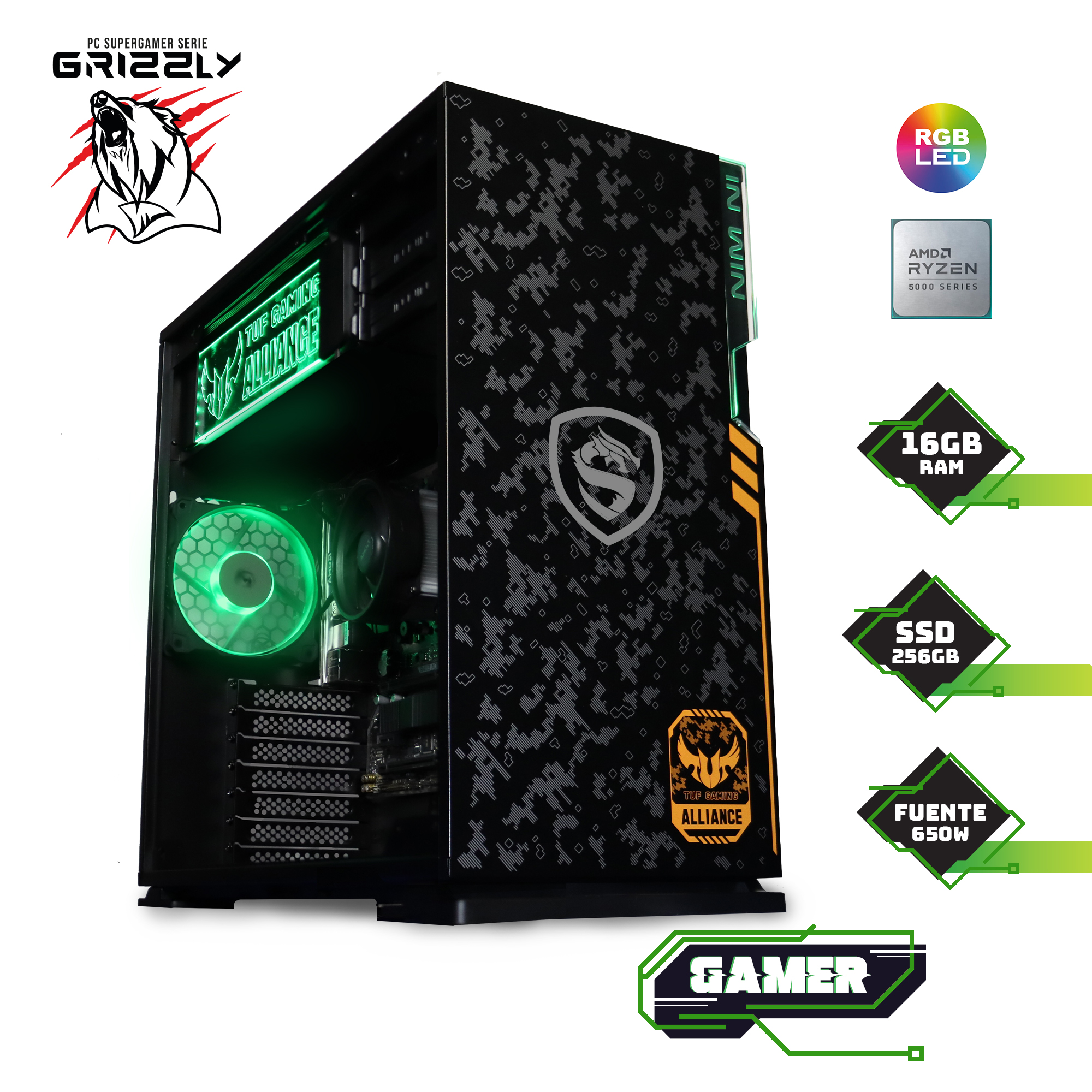 PC GAMER GRIZZLY ASUS RYZEN 5 5600G 16GB SSD M2 256GB + 1TB 