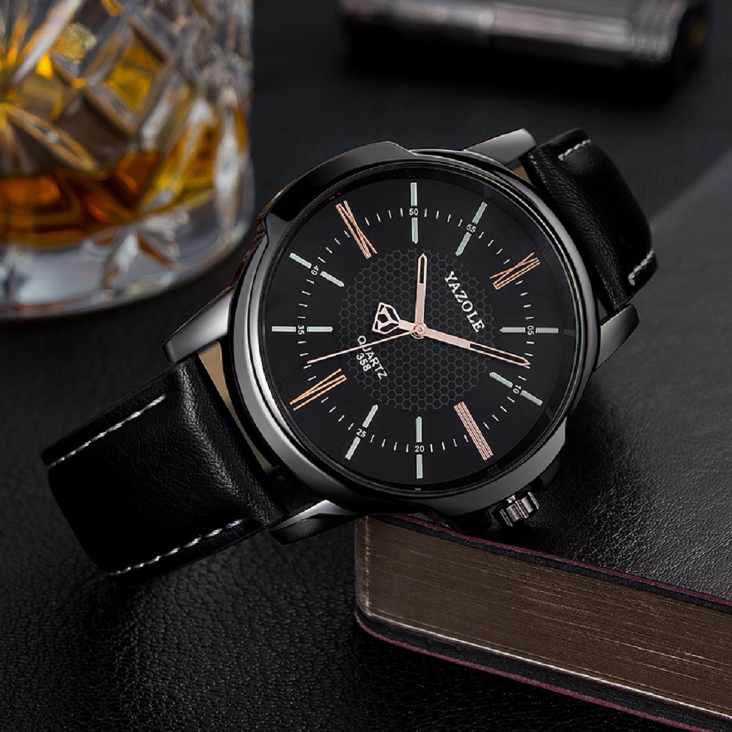 Reloj Para Hombre Elegante En Caja Correa Negra bisel Negro Casual Yazole 358