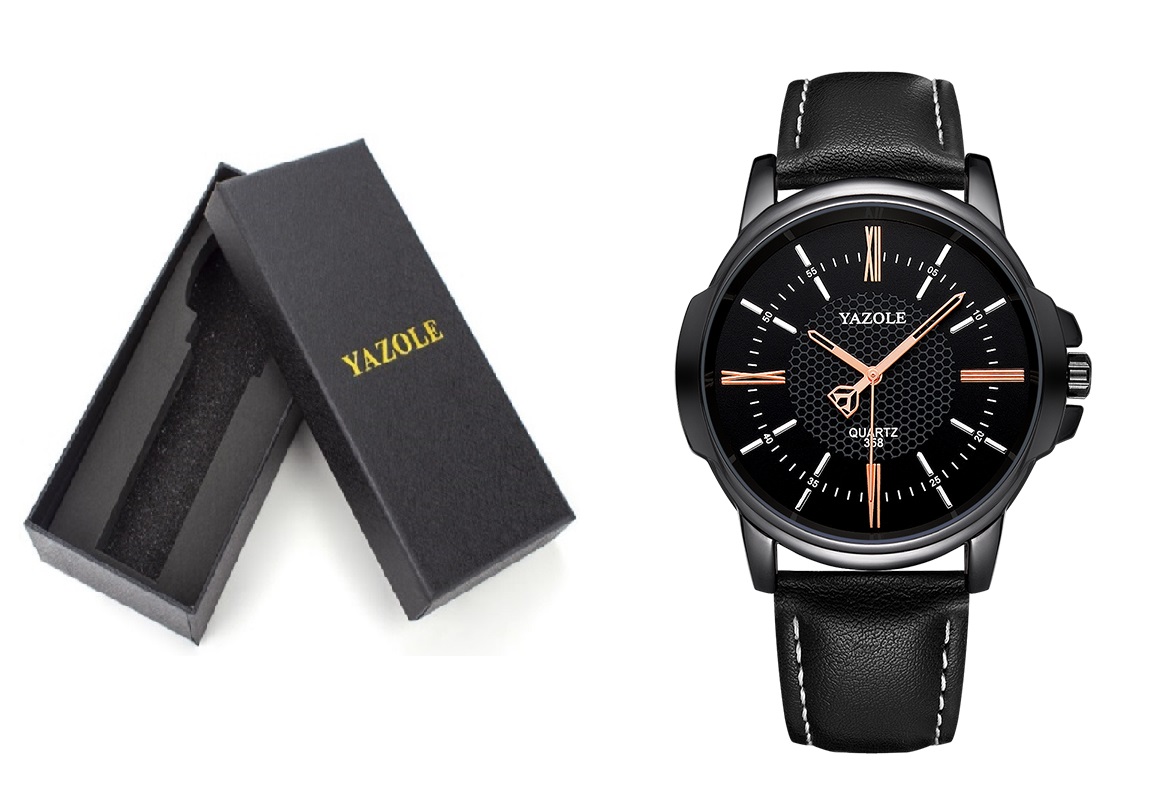 Reloj Para Hombre Elegante En Caja Correa Negra bisel Negro Casual Yazole 358