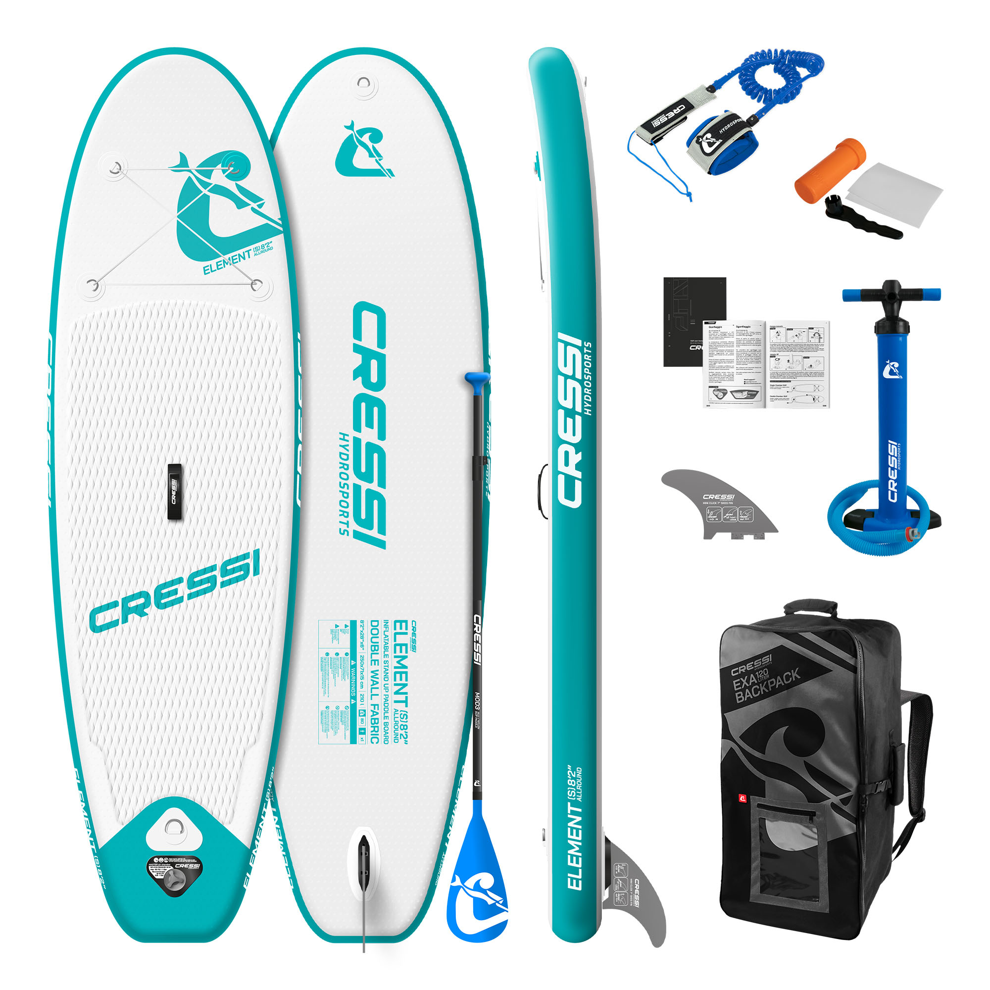 Tabla Paddle Board Inflable CRESSI para Surf Mod. All Roun ISUP 8'2'' Color Blanco/Aquamarina