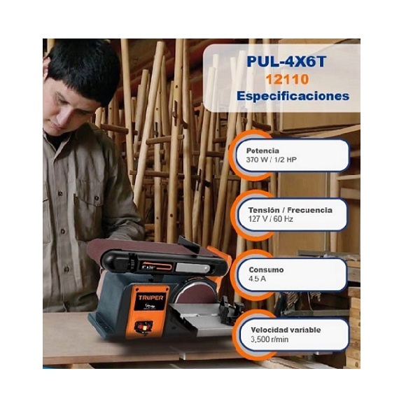 Lijadora de Banda y Disco de 4" x6" 1/2HP de 370W Truper Pul-4x6T para Carpinteros Taller de Carpintería