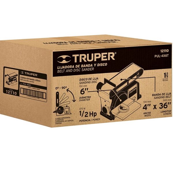 Lijadora de Banda y Disco de 4" x6" 1/2HP de 370W Truper Pul-4x6T para Carpinteros Taller de Carpintería
