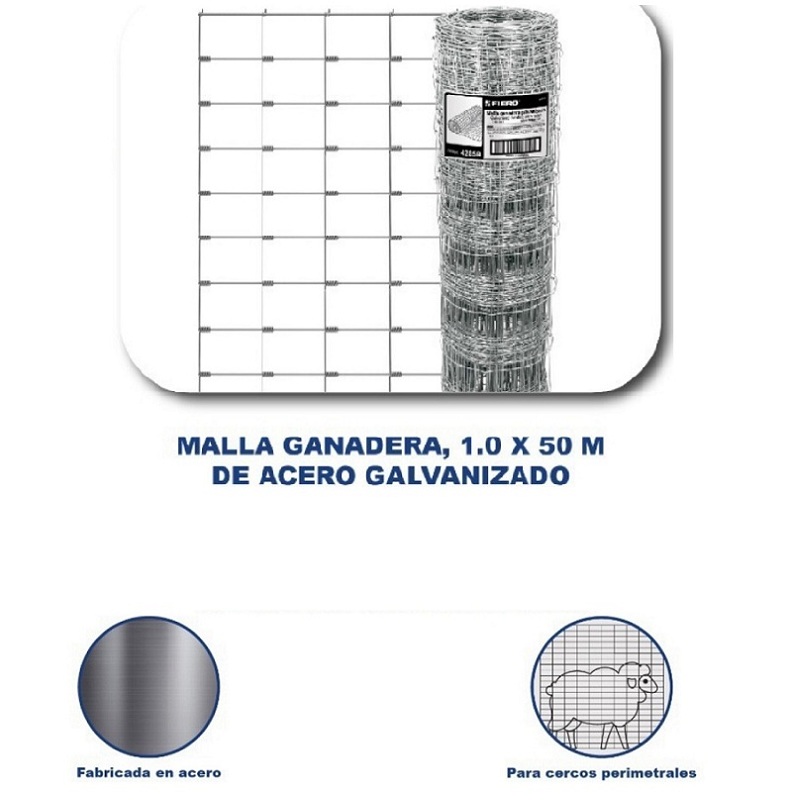 Malla Ganadera de acero Galvanizado Graduada de 1.0 x 50 m para Cercos -Huertos y Corrales MAGA-50X10 FIERO