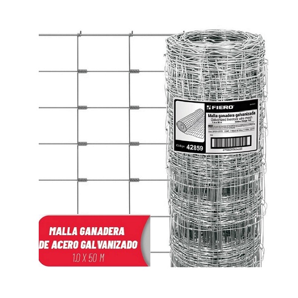 Malla Ganadera de acero Galvanizado Graduada de 1.0 x 50 m para Cercos -Huertos y Corrales MAGA-50X10 FIERO