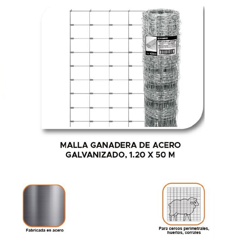 Malla Galvanizada Ganadera 1.20 X 50 m Graduada Cercos Perimetrales, Huertos, Corrales MAGA-50X12 FIERO
